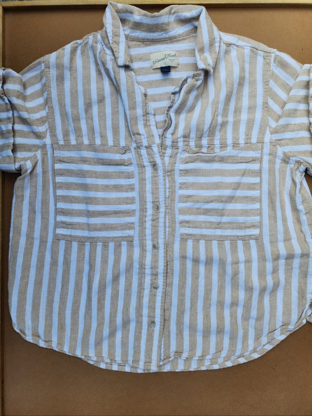 Universal Thread Beige & White Striped Short Sleeve Linen Button Up